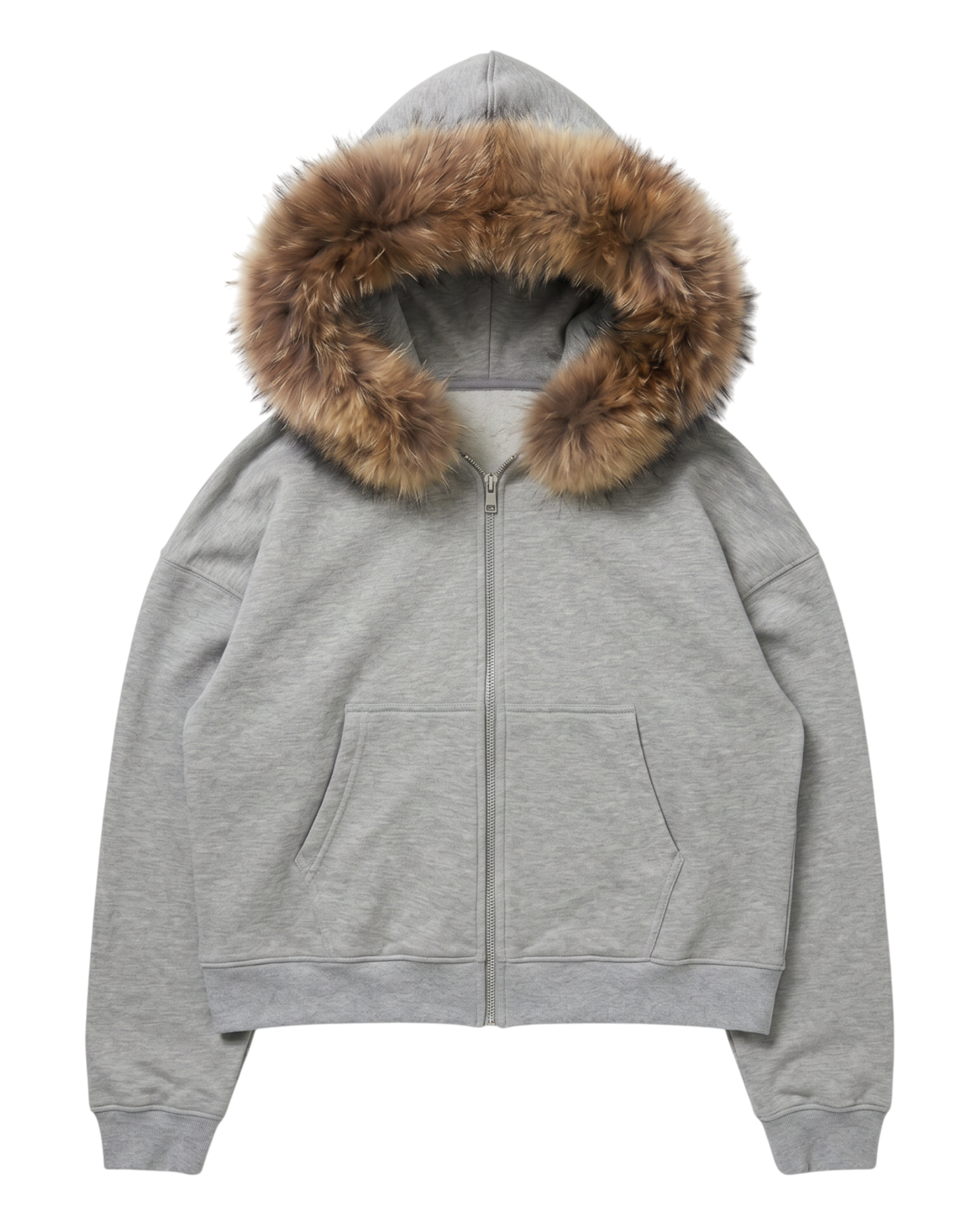 FUR HOODIE, HEATHER GRAY/BROWN