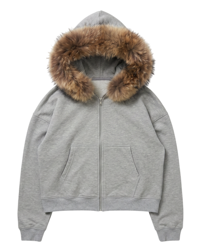 FUR HOODIE, HEATHER GRAY/BROWN