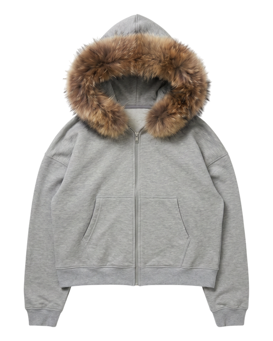 FUR HOODIE, HEATHER GRAY/BROWN