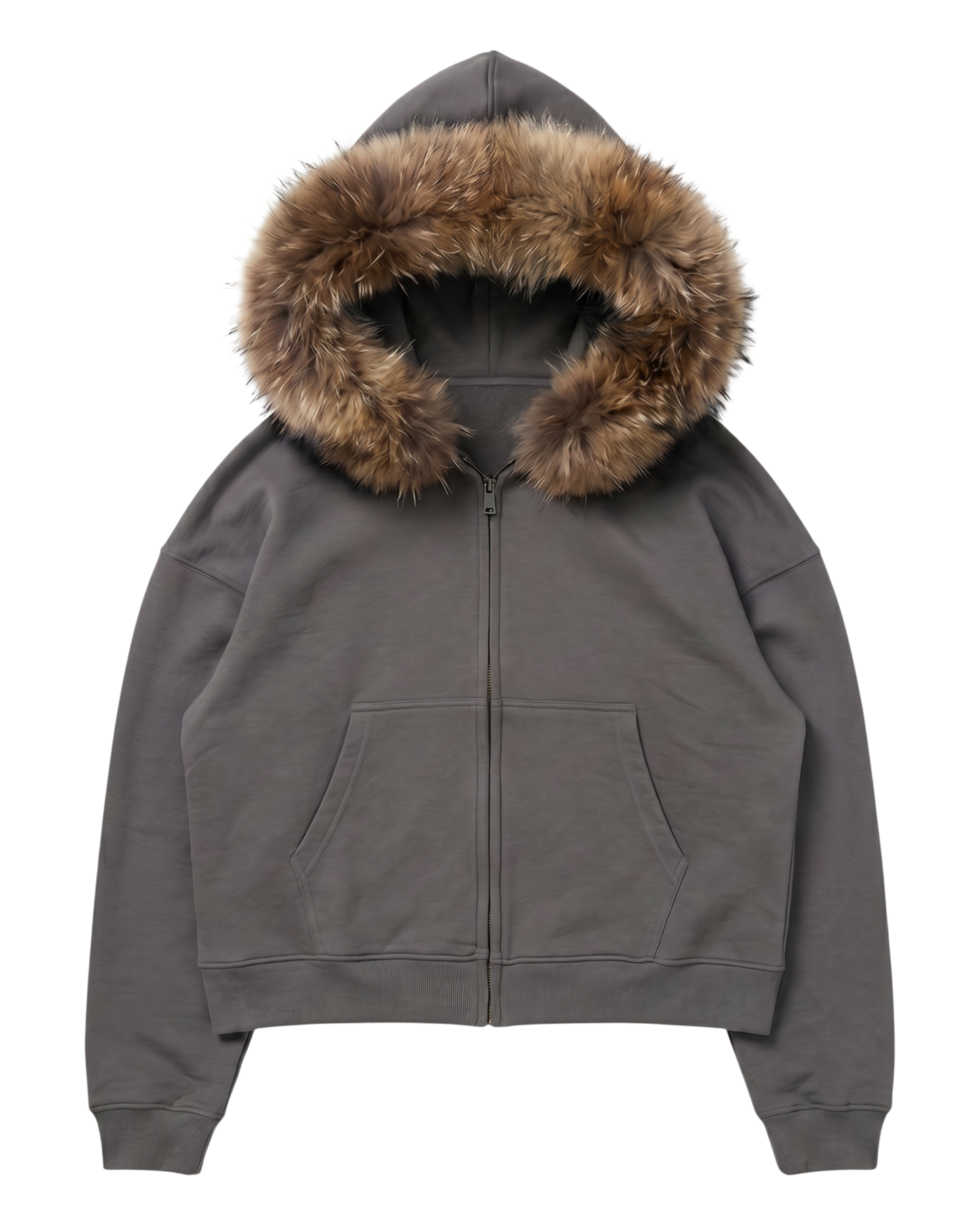 FUR HOODIE, CHARCOAL/BROWN