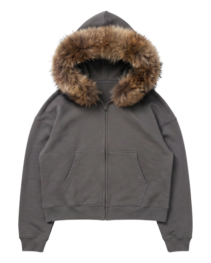 FUR HOODIE, CHARCOAL/BROWN