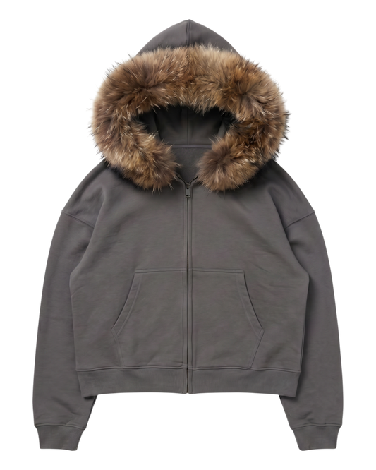FUR HOODIE, CHARCOAL/BROWN